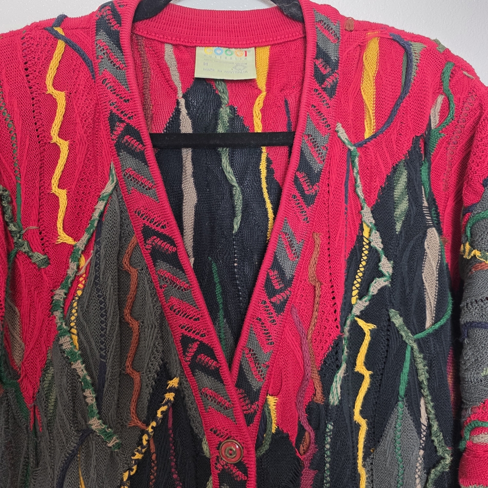 Coogi Sweater Vintage 3D Knit Cardigan Colorful Cosby 90s Australia Size Medium - Picture 2 of 12